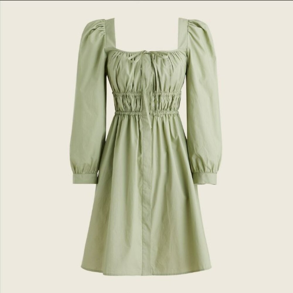 J Crew | Cinched-waist Cotton a-line poplin dress | Muted Green, Size 10 Tall